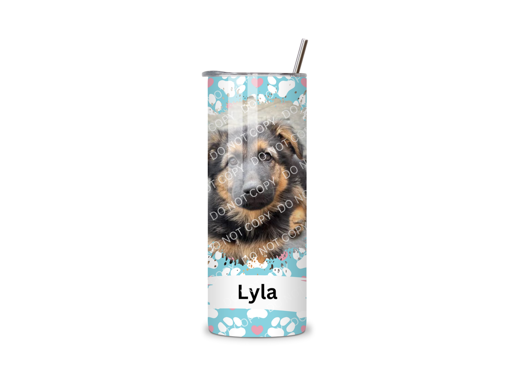Personalised Dog Tumbler – Light Blue – Paw prints & Hearts – 1 Photo