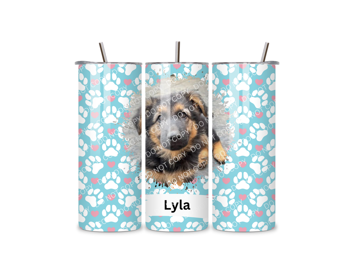 Personalised Dog Tumbler – Light Blue – Paw prints & Hearts – 1 Photo